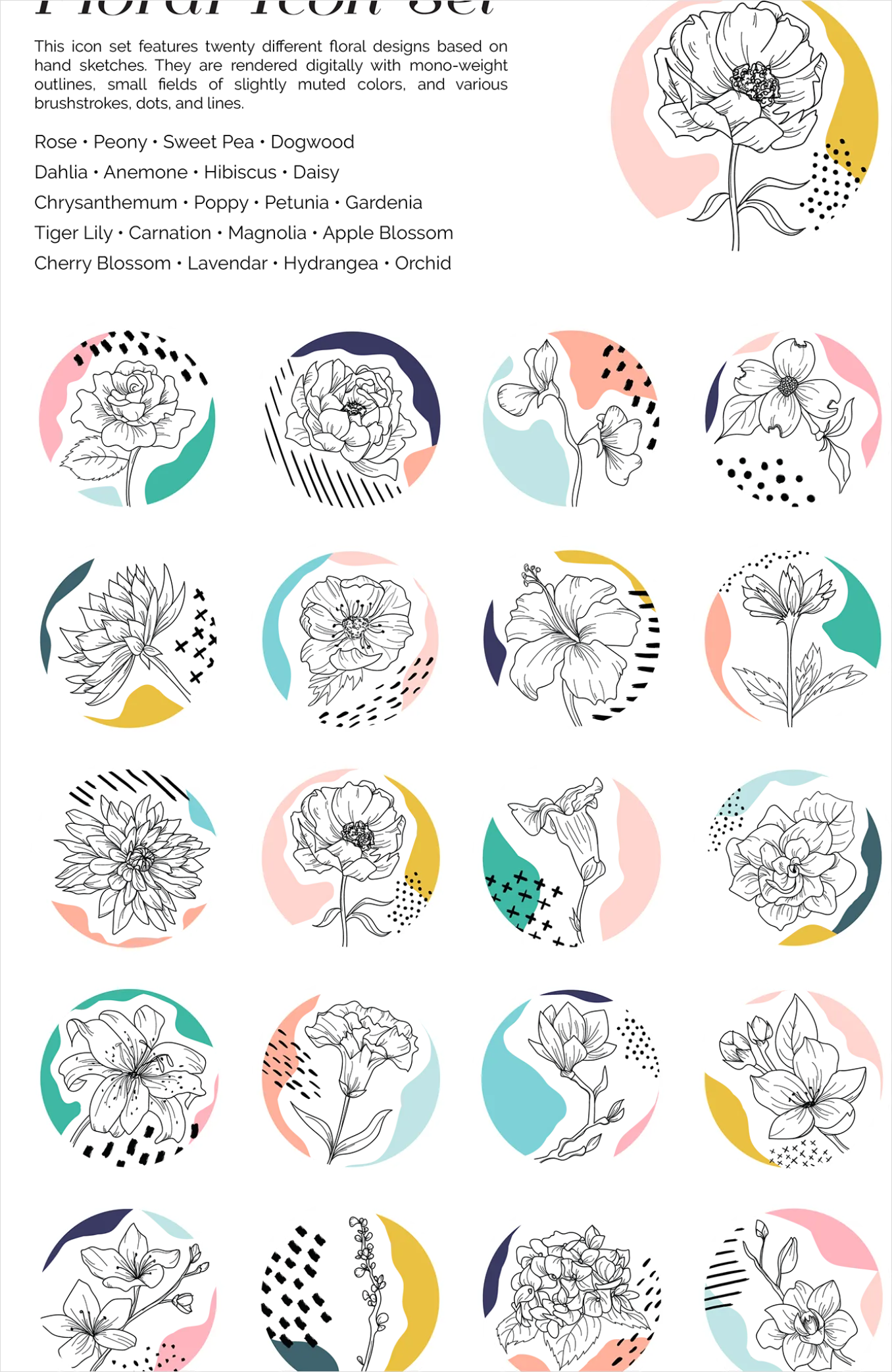 Detail Flower Icons Set Vector Number 3