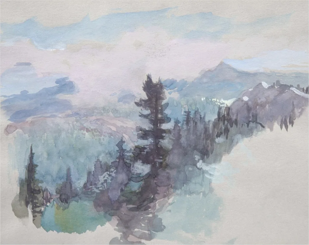 Landschaftsmalerei Nebel Wald Aquarell Stil 08f3