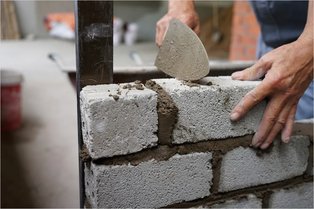 Detail Bricklaying Construction Worker Building Wall Close Up Number 4