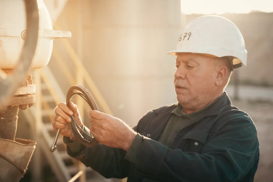 Detail Chemical Plant Maintenance Worker Inspecting Equipment Number 15