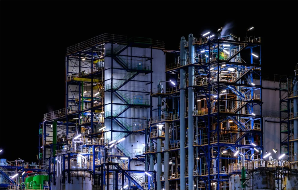 Detail Chemical Plant Night View Illuminated Pipes Towers Number 6