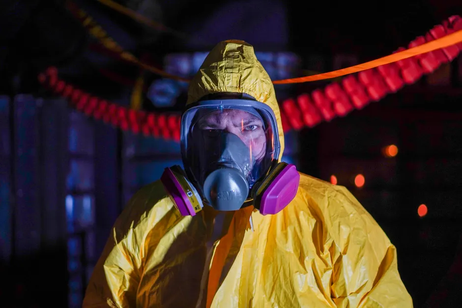 Detail Chemical Plant Worker Wearing Full Hazmat Suit Number 9