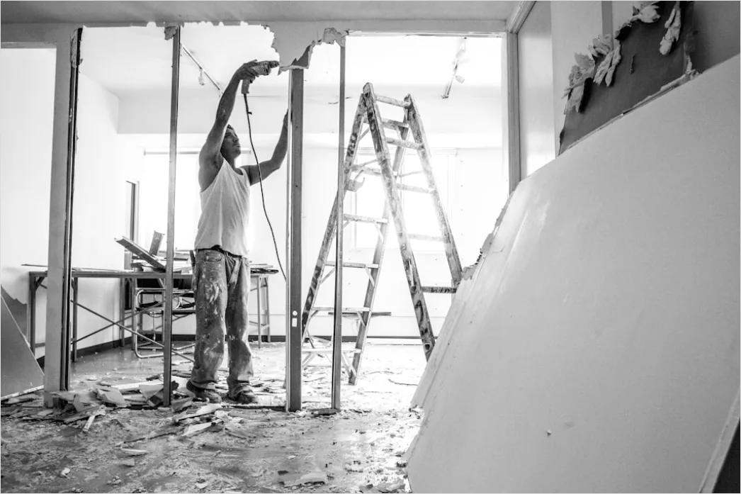 Detail Interior Construction Drywalling Workers Finishing Number 4