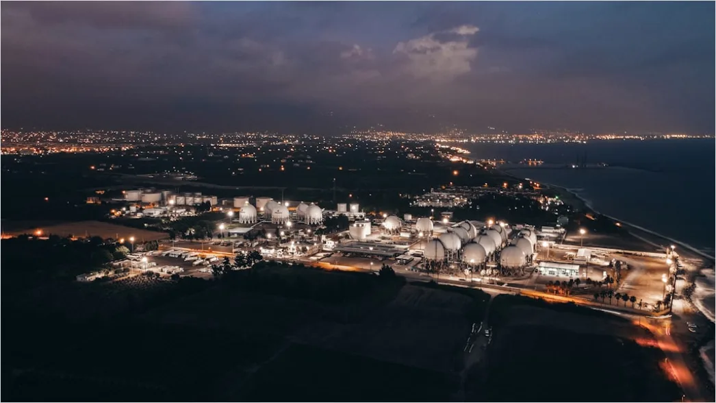 Oil Refinery Industrial Complex Aerial Night View D9b3