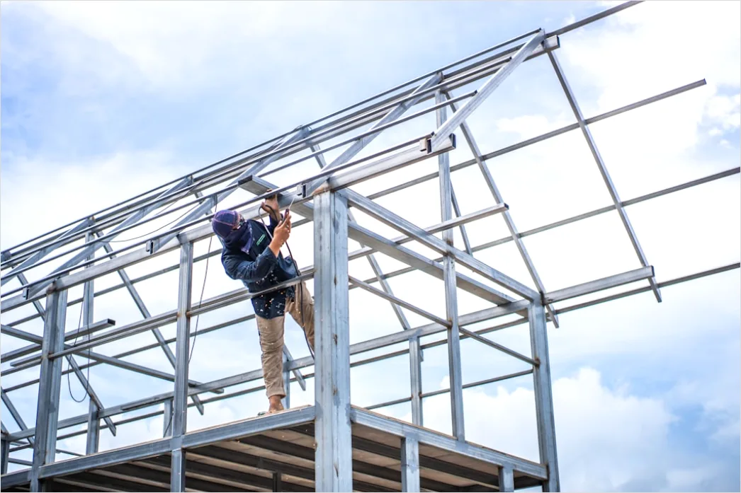 Roofing Workers Installing Panels Commercial Building 2eb3