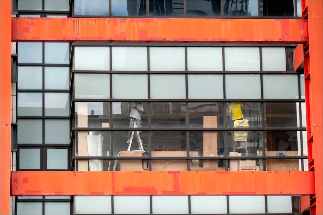 Detail Roofing Workers Installing Panels Commercial Building Number 20