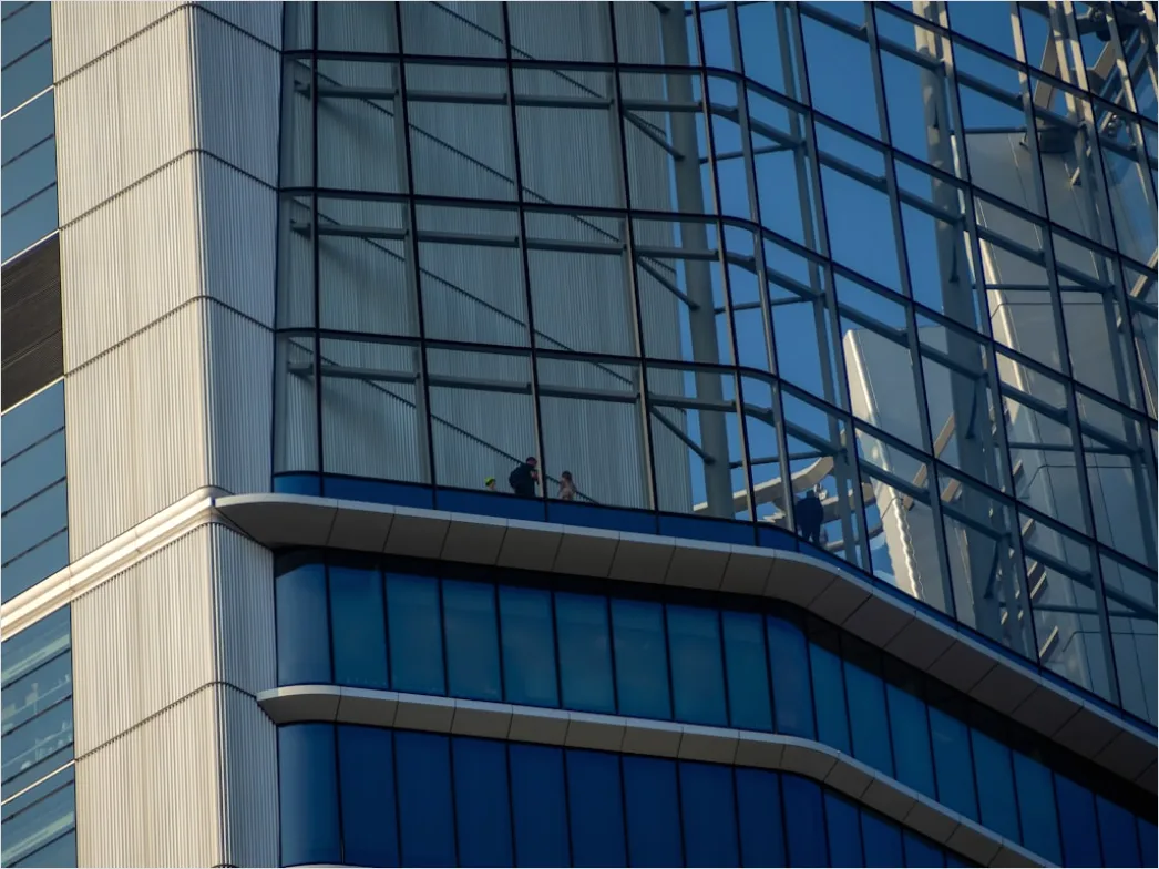 Detail Roofing Workers Installing Panels Commercial Building Number 9