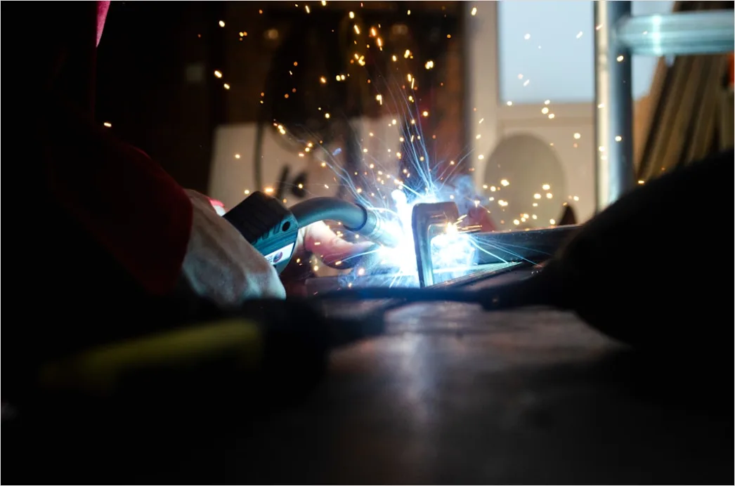 Detail Worker Wearing Welding Mask Sparks Flying Number 13