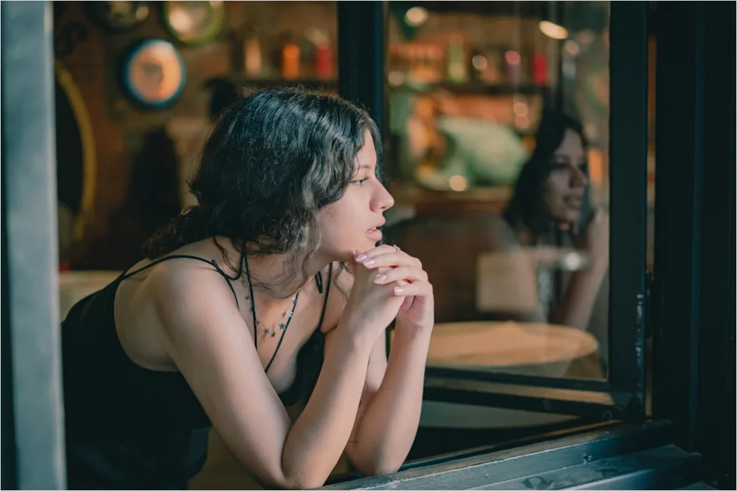 Detail Candid Portrait Woman Looking Out Window Thoughtful Number 20