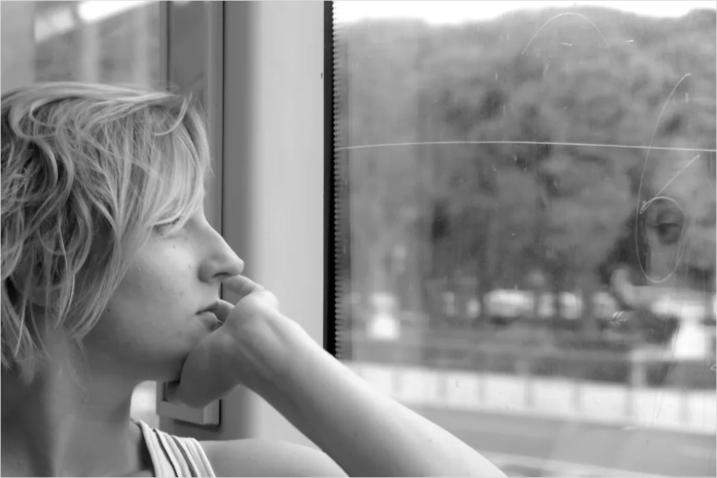 Detail Candid Portrait Woman Looking Out Window Thoughtful Number 4