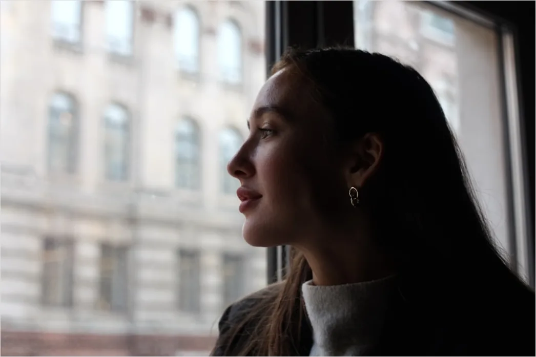 Detail Candid Portrait Woman Looking Out Window Thoughtful Number 6