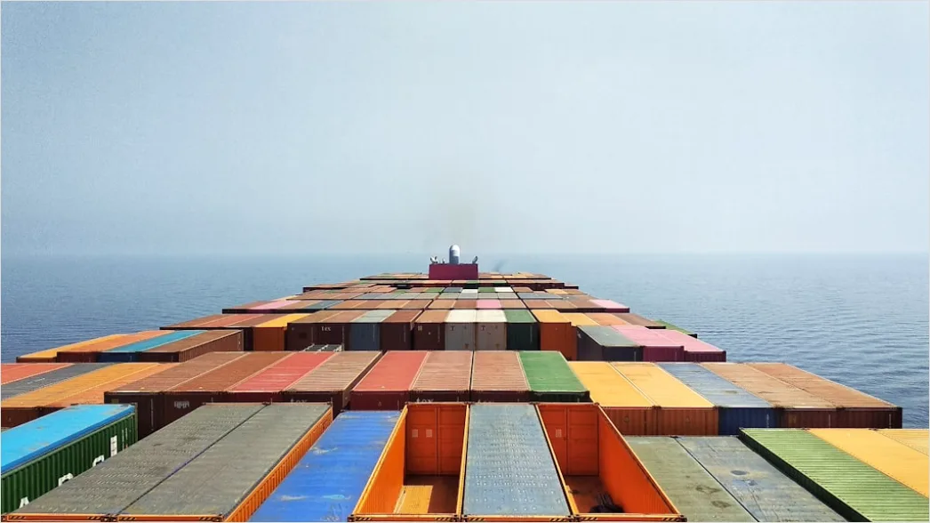 Detail Cargo Ship Deck Containers Stacked Aerial Number 7