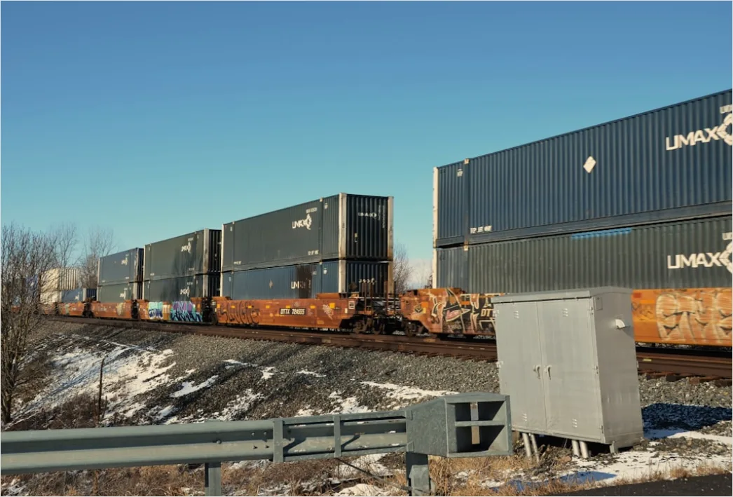 Detail Freight Train Carrying Containers On Track Number 18