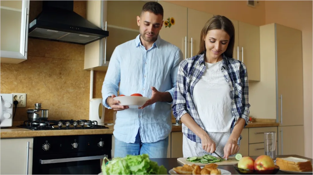 Detail Lifestyle Portrait Couple Cooking Together Kitchen Number 14