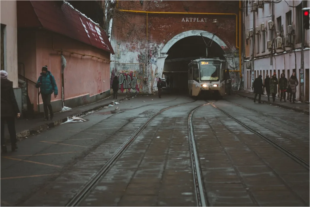 Detail Light Rail Tram Moving Through City Center Number 11