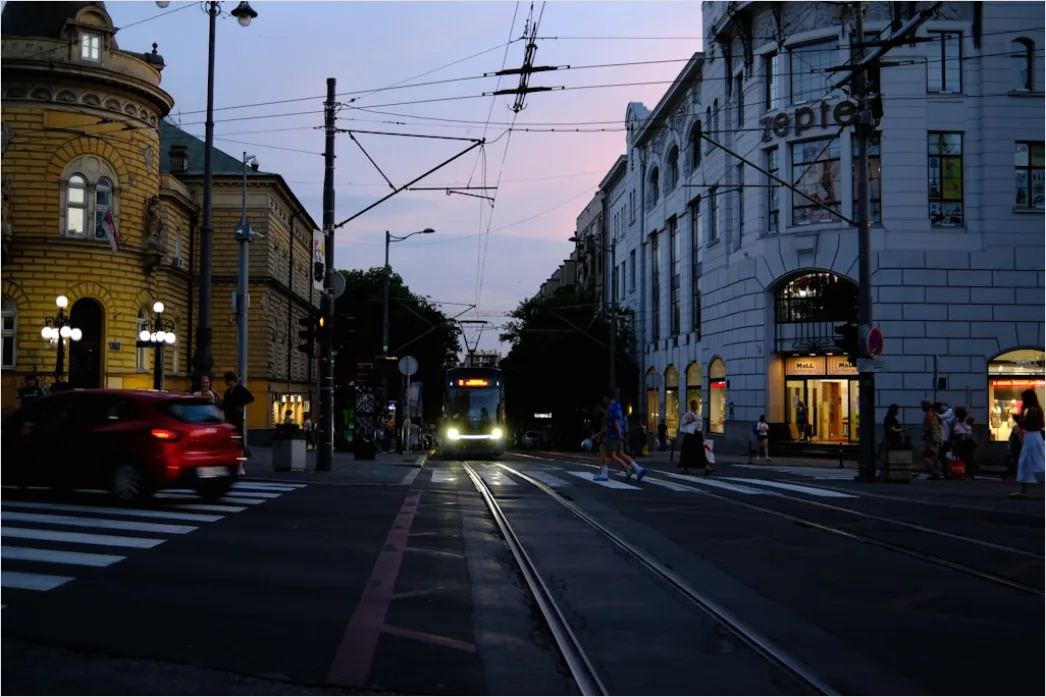 Detail Light Rail Tram Moving Through City Center Number 9
