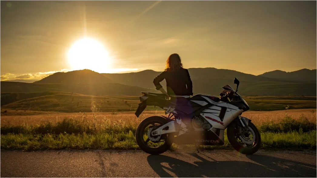 Motorcycle On Open Highway Sunset Landscape 6695