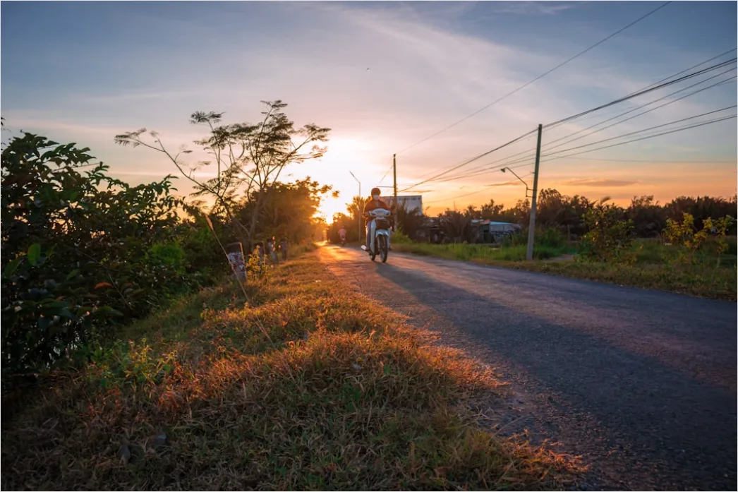 Detail Motorcycle On Open Highway Sunset Landscape Number 9