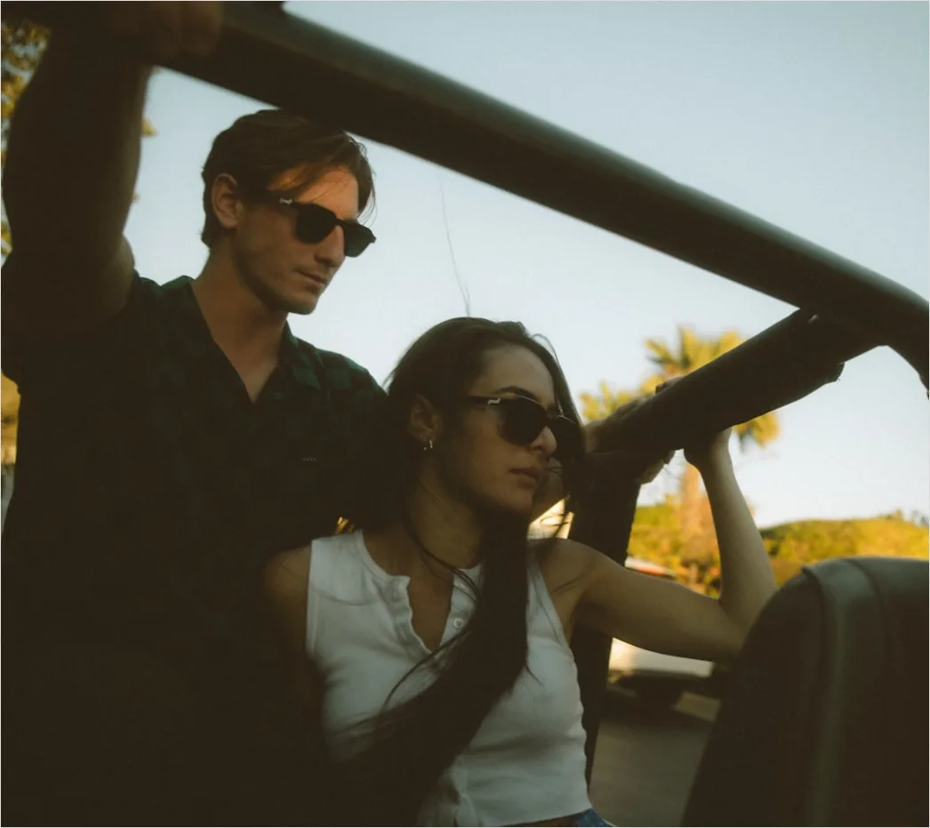 Road Trip Couple Driving Convertible Sunset D46a
