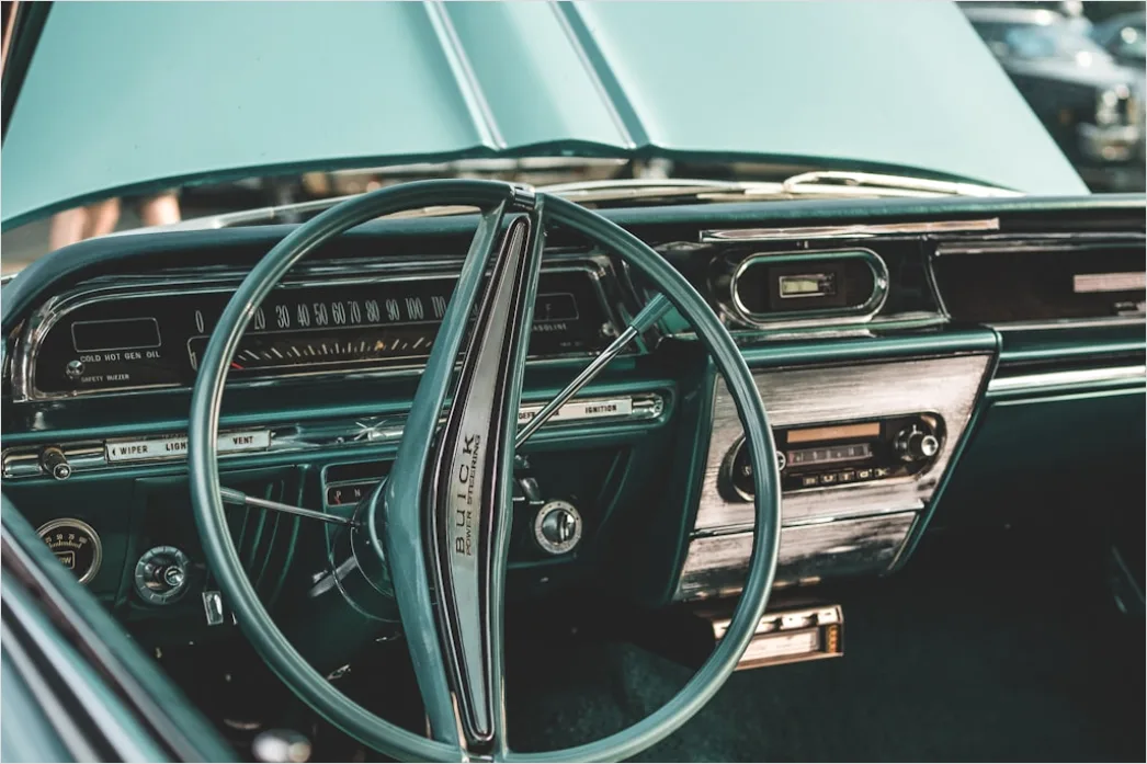 Detail Vintage Car Steering Wheel Interior Close Up Number 10