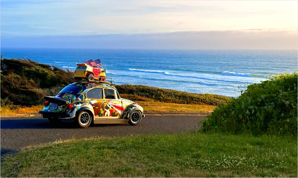 Vintage Volkswagen Beetle Parked Coastal Road 924c