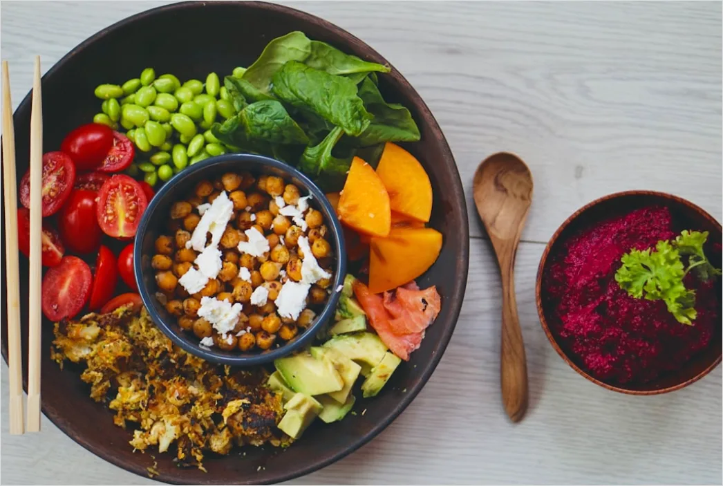 Buddha Bowl Bunt Draufsicht Nahaufnahme Dc88