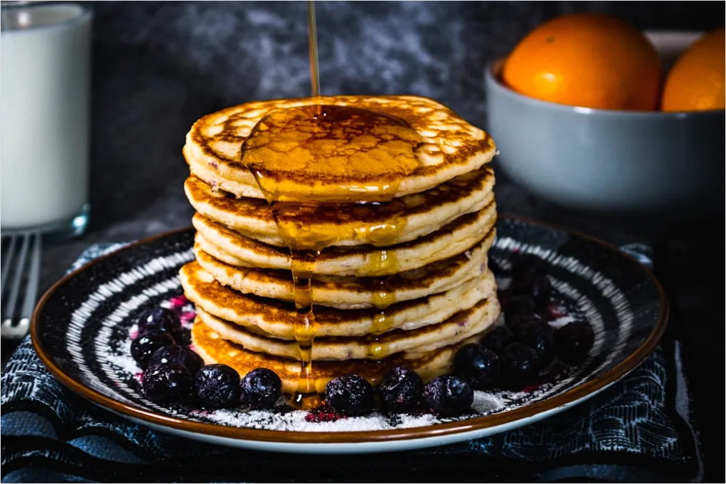 Pancakes Stapel Ahornsirup Nahaufnahme Draufsicht C141