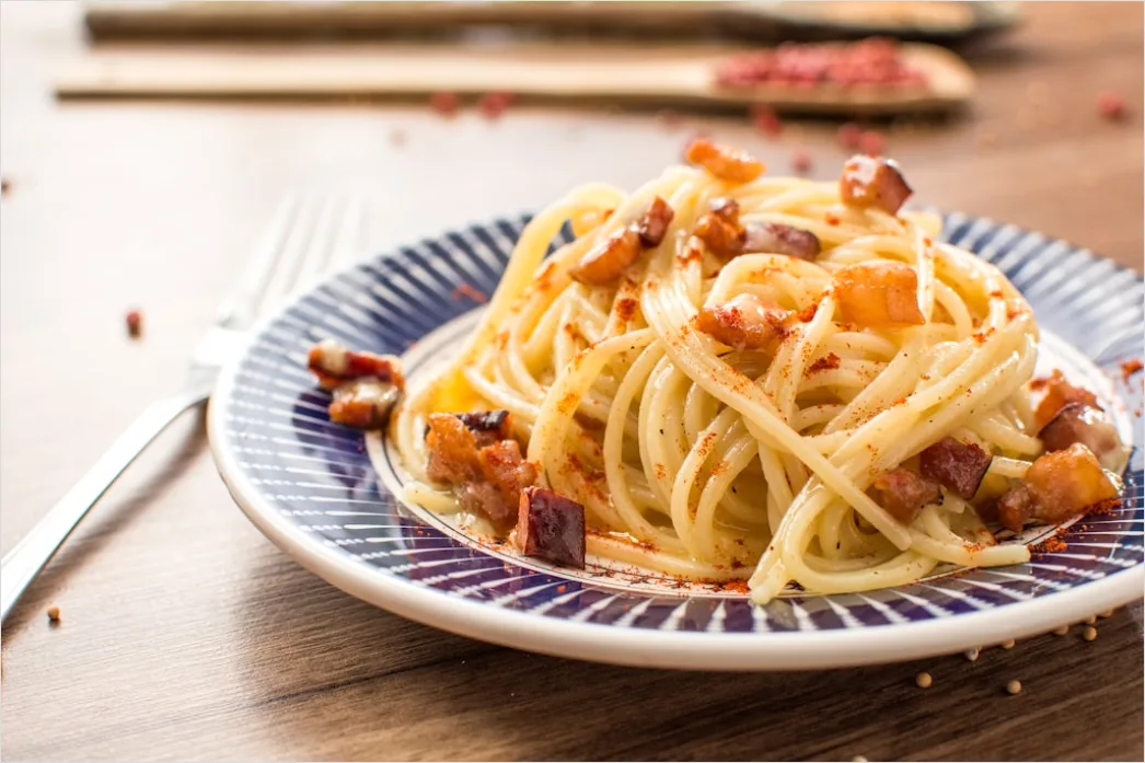 Detail Pasta Carbonara Teller Nahaufnahme Dampfend Number 3