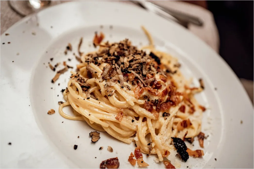 Detail Pasta Carbonara Teller Nahaufnahme Dampfend Number 5