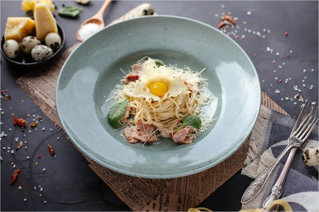 Detail Pasta Carbonara Teller Nahaufnahme Dampfend Number 6