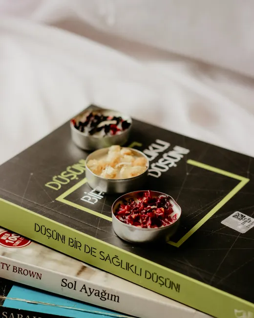 Detail Selbstfürsorge Tee Kerze Buch Flat Lay Number 11