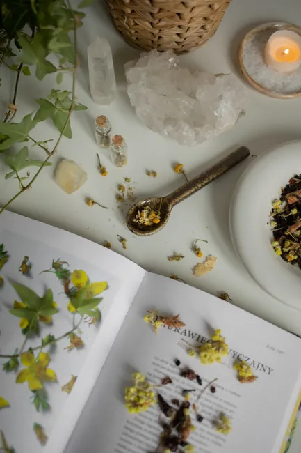 Detail Selbstfürsorge Tee Kerze Buch Flat Lay Number 13