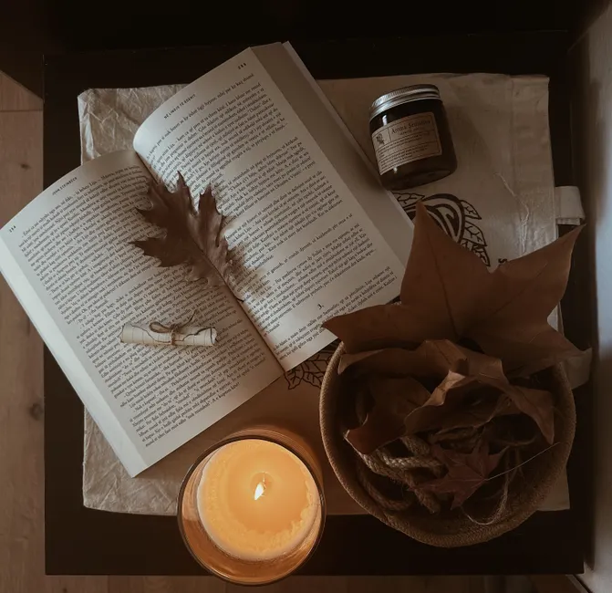 Detail Selbstfürsorge Tee Kerze Buch Flat Lay Number 20