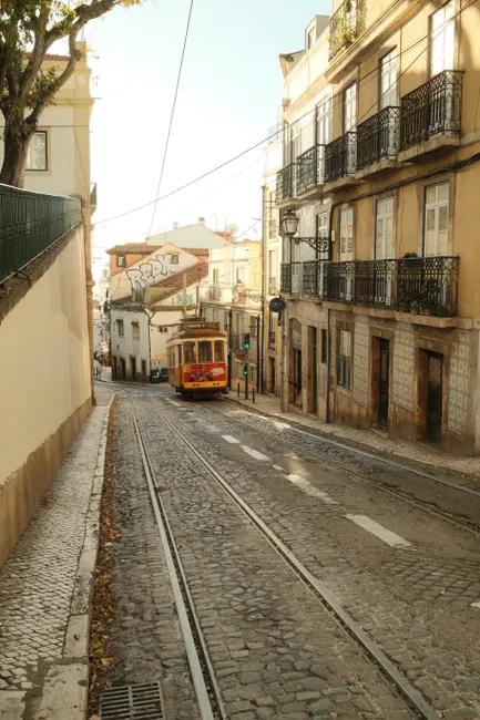 Detail Lisboa Straßenbahn Gelb In Altstadtgasse Number 5