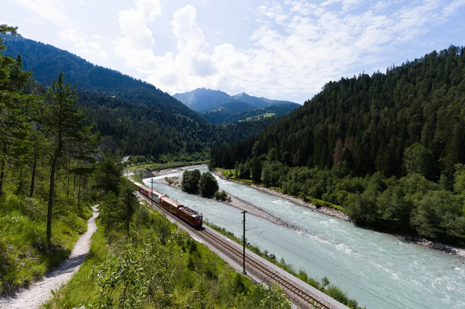 Regionalbahn Faehrt Durch Gruene Wiesen Sommer 7255