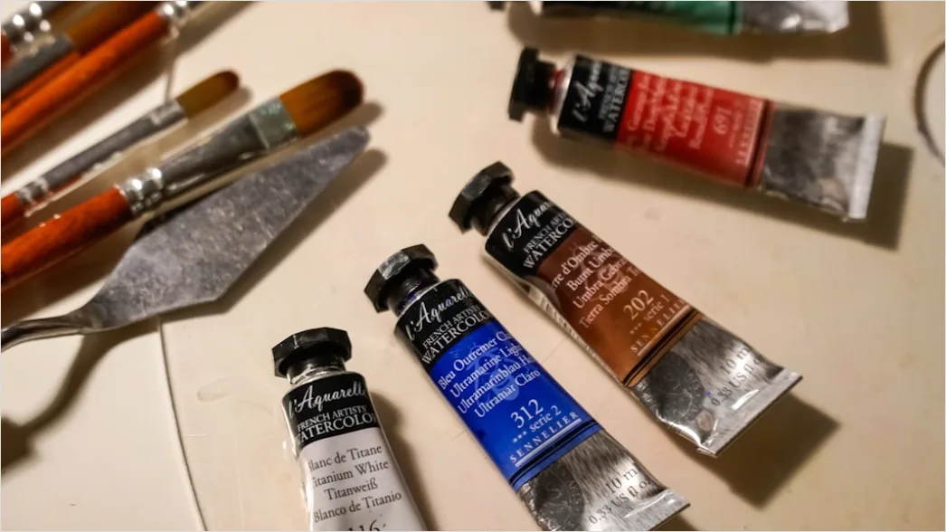Kunstkurs Workshop Pinsel Und Farben Auf Tisch Flat Lay B070