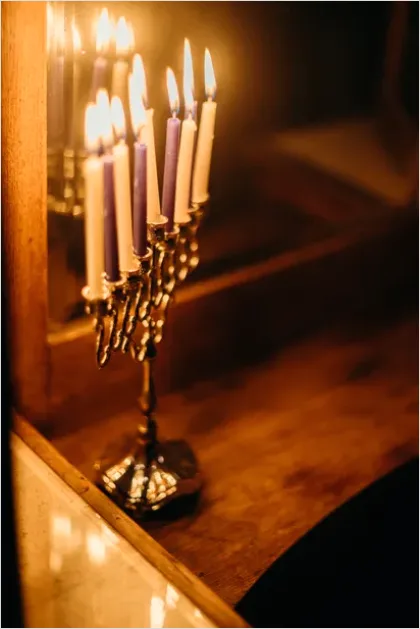 Detail Menorah Candles Lit Dark Background Number 5