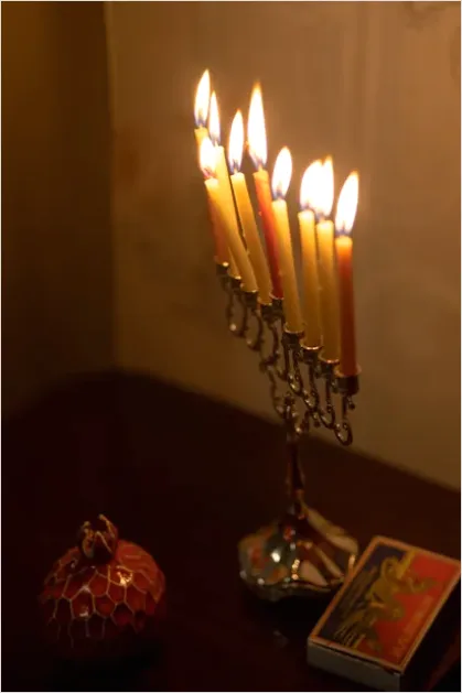 Detail Menorah Candles Lit Dark Background Number 8