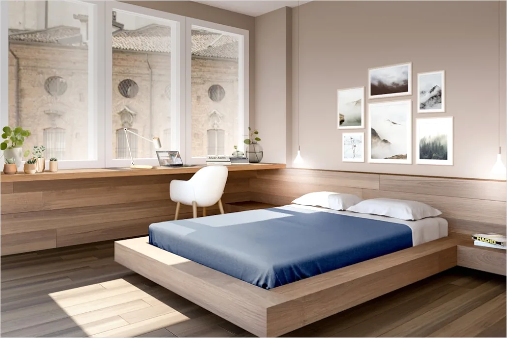 Schlafzimmer Minimalistisch Mit Gepolstertem Kopfteil Foto C629