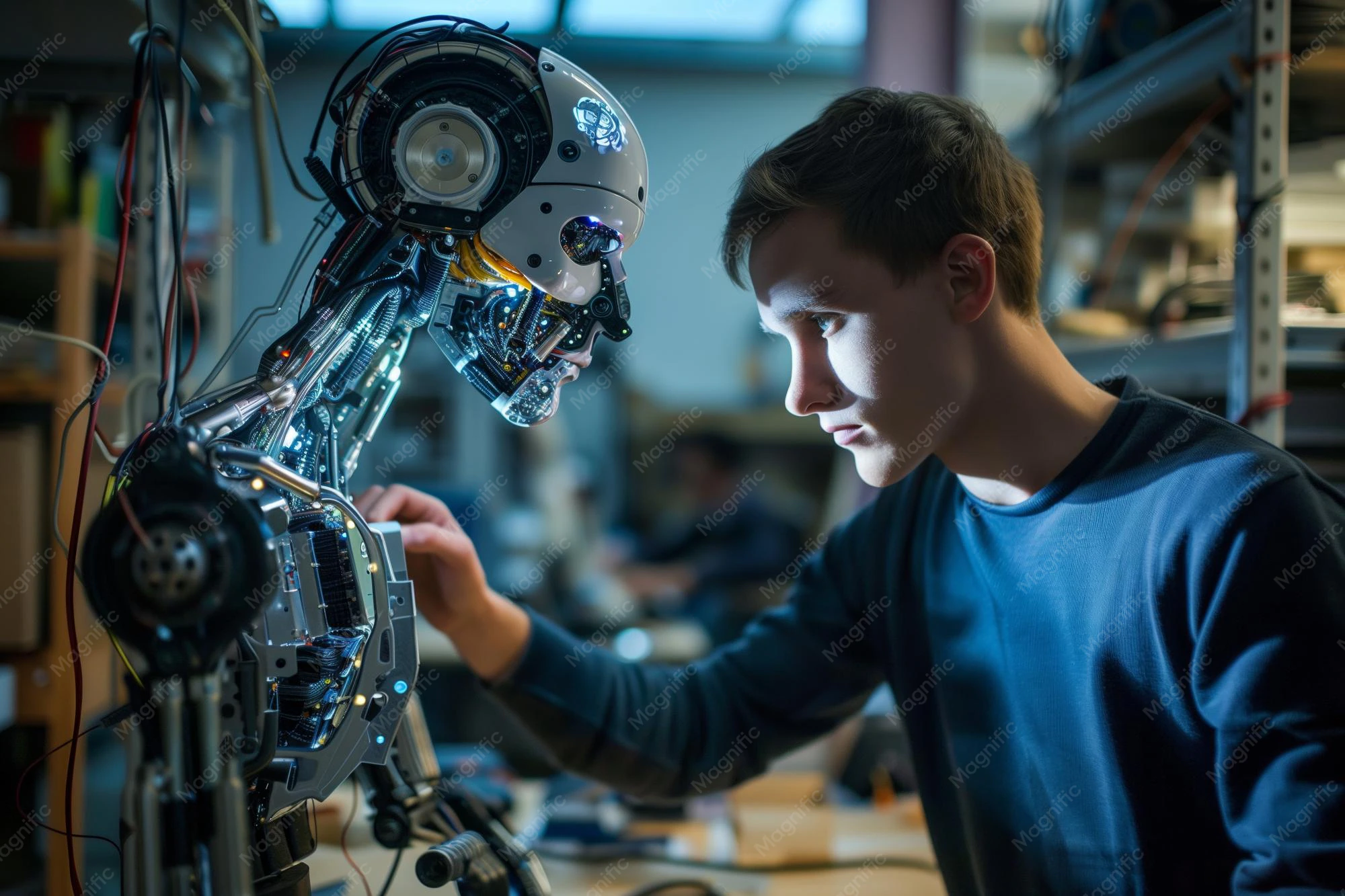 Ingenieur Programmiert Roboter Im Labor Foto