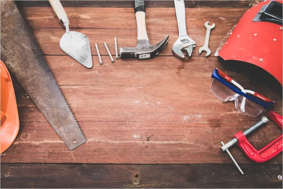 Hand Tools On Workshop Table Flat Lay Dd1e