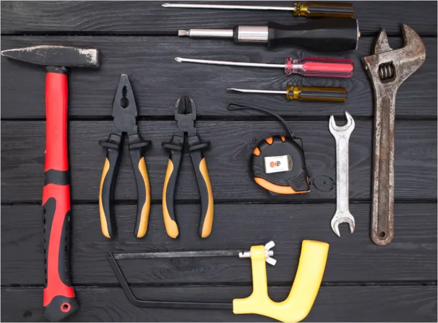 Detail Hand Tools On Workshop Table Flat Lay Number 3