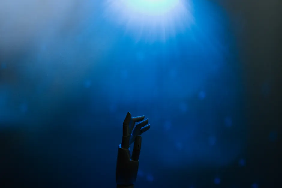 Detail Robot Hand Touching Digital Screen Blue Number 16
