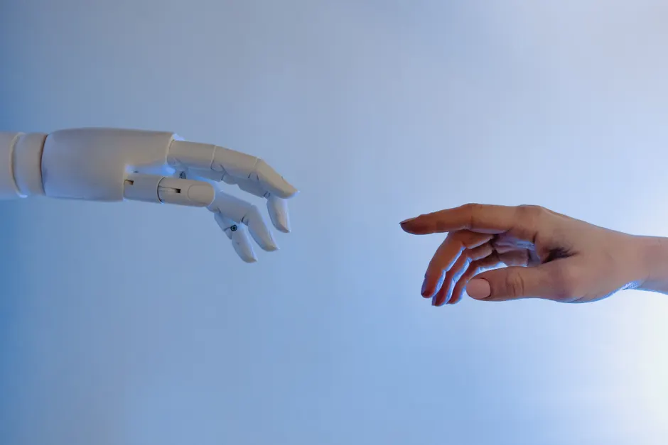 Detail Robot Hand Touching Digital Screen Blue Number 4