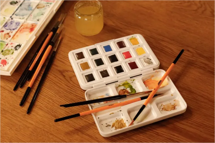 Detail Watercolor Palette And Brushes Flat Lay Number 10