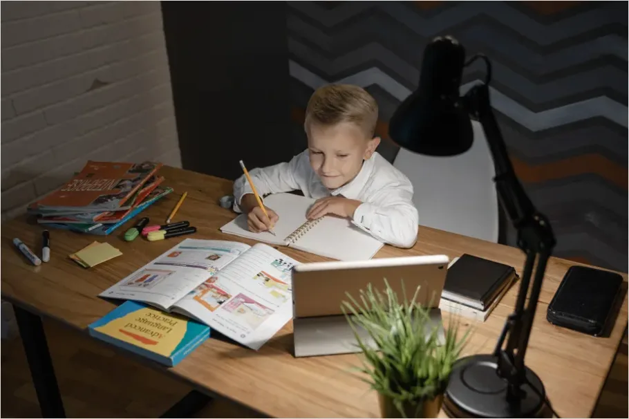 Detail Child Doing Homework At Desk Lamp Number 3