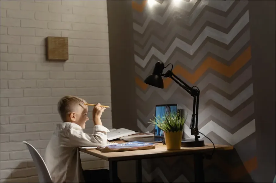 Detail Child Doing Homework At Desk Lamp Number 10