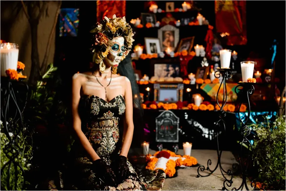 Detail Day Of The Dead Altar Marigolds Candles Number 14