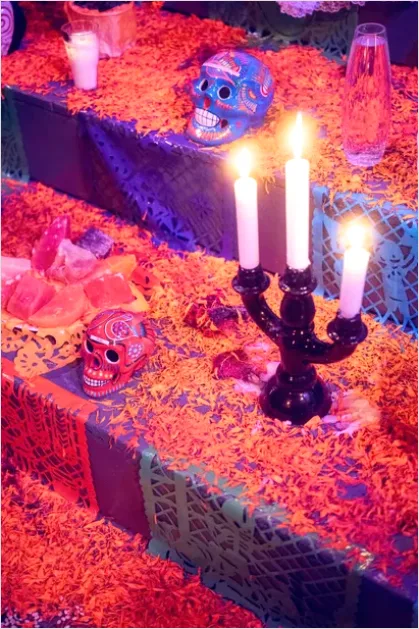 Detail Day Of The Dead Altar Marigolds Candles Number 3