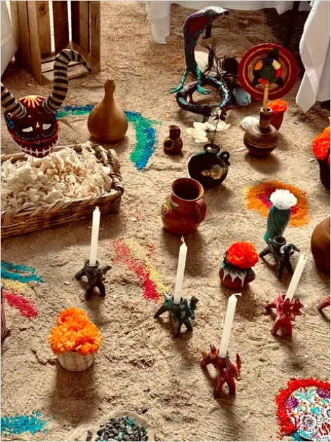 Detail Day Of The Dead Altar Marigolds Candles Number 9
